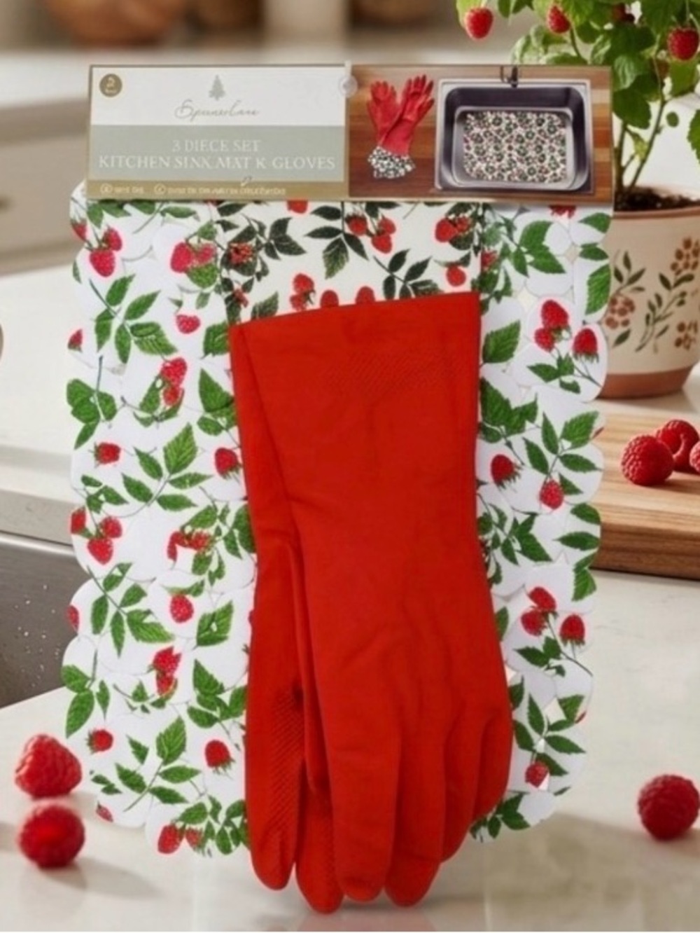 🌸 New Spruce Lane Strawberries Kitchen Sink Mat and Kitchen Hand Gloves, Red